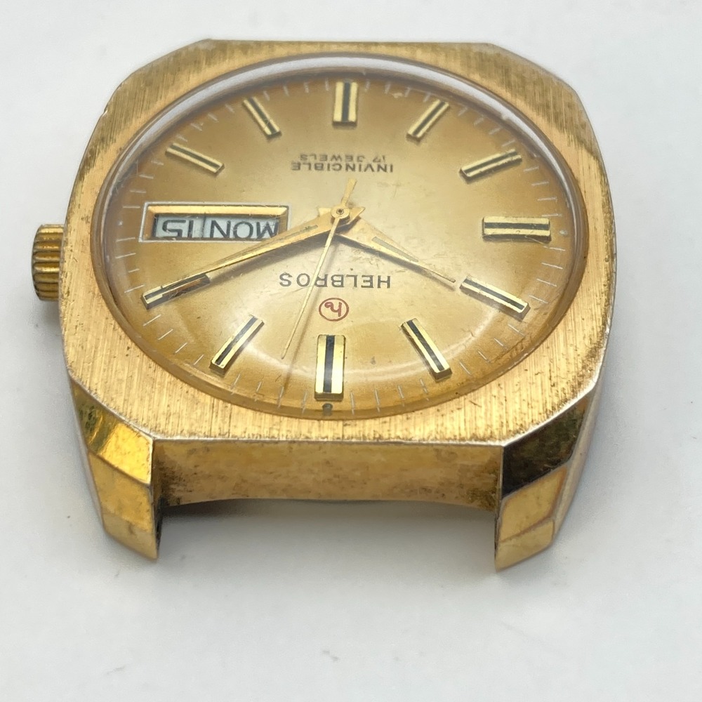 Vintage Helbros Invincible Men's Watch Gold Tone 17 Jewels 34mm Manual Wind Up - Picture 4 of 8